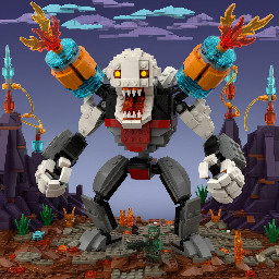 make an image of a lego version of the revenant demon from DOOM 2016