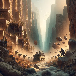 Short historical documentary reenactment. A narrow Persian mountain pass between tall rocky cliffs, harsh sunlight. Ancient soldiers positioned high on cliffs, silent and still. An army marching below in a confined stone corridor. Rocks falling from above, chaos without exaggerated violence. Cinematic, realistic, no fantasy, grounded historical tones. Natural colors, dust, wind, ancient Persia atmosphere.