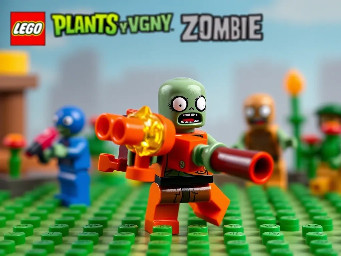 Genera un lanza guisantes de fuego de la saga de juegos plantas vs zombies con piezas comunes de LEGO y un disparador común de piezas redondas planas