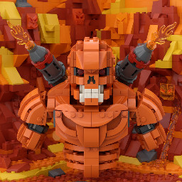 make an image of a lego version of the revenant demon from DOOM 2016, orange demonic background, image profile from the front, chest upwards only