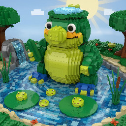 big Lego Kappa (japanese yokai) with a frog nose and a tonsure in a pond