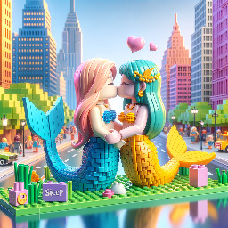 mermaid and human girl share a kiss at the park in LEGO City Adventures