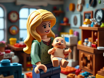 a blonde woman holding a baby that is spitting up on her in a disheveled chaotic house