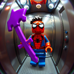 A LEGO Spider-Man minifigure holding a purple minecraft sword in a realistic elevator, Fisheye lens perspective, extreme close-up, 3D render, realistic glossy plastic texture
