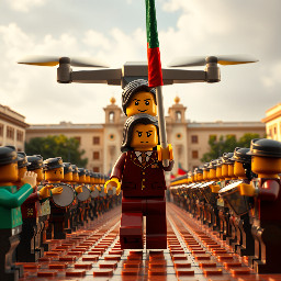 Documentary-style video sequence. Aerial drone shot descending slowly over the Zócalo of Tlaxcala, Mexico. At the center, a LEGO-style character (yellow skin, long dark hair, maroon suit with white shirt) carries the Mexican flag with dignity. The drone lowers until it meets the character walking calmly toward the flagpole. On both sides, local citizens respectfully salute the Mexican flag, while a military band plays drums and bugles in steady rhythm. The main character completes the walk and positions himself at the flagpole to raise the flag. Camera transitions include subtle speed ramps for natural pacing. Lighting remains warm and natural, highlighting the authentic atmosphere of civic pride and community participation.