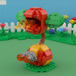 Genera un lanza guisantes de fuego de la saga de juegos plantas vs zombies con piezas comunes de LEGO y un disparador común de piezas redondas planas