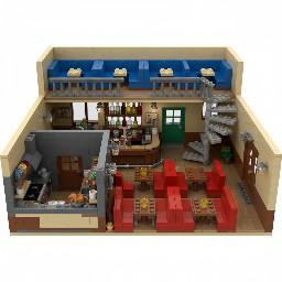 🧱 Concept général  Il s'agit d'un diorama LEGO représentant exclusivement l'intérieur d'un café, ouvert sur l'avant pour que l'on puisse voir l'ensemble de l'aménagement en regardant le modèle de face.  Le café possède :  un rez-de-chaussée ; un premier étage ; un seul escalier métallique ; une ambiance chaleureuse, de type café/restaurant.  Il ne doit y avoir :  aucun extérieur ; aucun personnage ; aucune référence ou easter egg de pop culture. 🏠 REZ-DE-CHAUSSÉE 🍳 La cuisine — partie gauche  La cuisine occupe toute la partie gauche du diorama.  ⚠️ Point important : elle s'étend depuis le mur du fond jusqu'au côté ouvert du diorama.  Elle n'est donc pas uniquement située au fond. 🚪 Le mur entre la cuisine et le bar  La cuisine et le bar sont séparés par un véritable mur.  Ce mur sépare clairement les deux espaces. Il part du fond et sépare la cuisine du bar. Une porte est intégrée dans ce mur, vers le fond du diorama. Cette porte permet au personnel de passer du bar à la cuisine.  Il ne doit donc pas y avoir de grande ouverture entre la cuisine et le bar.  🍹 Le bar  Le bar se situe à droite de la cuisine.  Il doit :  être large et imposant ; être clairement séparé de la cuisine par le mur ; être orienté de manière à s'étendre de l'avant vers le fond du diorama ; disposer de bouteilles et de verres sur des étagères situées derrière le comptoir.  ⚠️ Il ne doit y avoir aucune table devant le bar ni à sa gauche.  Toutes les tables du rez-de-chaussée sont situées à droite du bar.  🪑 Les tables du rez-de-chaussée  Il y a exactement deux rangées de tables avec banquettes.  Rangée 1 : au fond La première rangée est située dans la partie arrière de l'espace de restauration. Les banquettes de cette rangée doivent être directement contre le mur du fond du diorama.  Les tables ne doivent donc pas flotter au milieu de la pièce : les banquettes arrière touchent ou longent clairement le mur du fond.  Rangée 2 : plus vers l'avant Une deuxième rangée se trouve devant la première. Elle est également composée de tables avec banquettes.  Toutes ces tables se trouvent à droite du bar.  🚻 Toilettes  La porte des toilettes :  est verte ; se trouve au rez-de-chaussée ; est placée au fond du diorama.  Elle doit être distincte de la porte permettant d'accéder à la cuisine.  🚪 Entrée du café  La porte d'entrée est située :  dans le mur latéral droit ; au rez-de-chaussée.  Elle ne doit absolument pas être placée :  sur la façade ouverte ; dans un mur face à nous.  Elle doit être intégrée au mur droit, celui qui s'étend de l'avant vers le fond du diorama.  🪜 L'escalier  Il y a un seul escalier :  métallique ; de style industriel ; situé au fond à droite ; permettant d'accéder au premier étage. 🏢 PREMIER ÉTAGE  Le premier étage doit être suffisamment grand et clairement visible.  Il comprend exactement deux rangées de tables avec banquettes.  Rangée du fond  ⚠️ Même règle qu'au rez-de-chaussée : la rangée de tables située au fond doit avoir ses banquettes directement contre le mur du fond du diorama.  Deuxième rangée Elle se trouve devant la rangée du fond. Elle laisse un espace de circulation entre les différentes zones.  Le premier étage possède également :  un garde-corps métallique donnant sur le rez-de-chaussée ; l'arrivée de l'unique escalier.