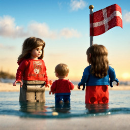 Meer , Strand,  leuchtturm,  Dänemarkflagge, Vater, Mutter, 2 Kinder (Junge & Mädchen,  alle dunkelhaarig und von hinten zu sehen