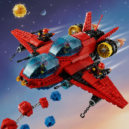 lego spyrius flying large spaceship red and black color with transparent dark-blue canopies