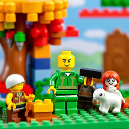In the style of LEGO, create an image based on: . Utilize elements of vibrant colors, smooth plastic textures, blocky designs, and playful, whimsical details characteristic of LEGO figures, characters and environments