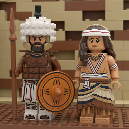 Two figures standing side by side, strict Bronze Age Mycenaean Aegean design only. Absolutely no Classical Greek, Hellenistic, Roman, or later elements.Left – Odysseus: Mature warrior with a strong angular face, full dark beard and no mustache, deep-set intense eyes, weathered skin, determined expression. Authentic Mycenaean boar-tusk helmet: rounded leather or bronze base covered in horizontal rows of carefully cut and arranged white boar tusks forming raised ridges and bands, topped with a high crest holder supporting a thick flowing black horsehair plume. Solid one-piece bronze cuirass (bell-shaped torso armor) covering the chest and back, heavily embossed with multiple horizontal rows of raised circular bosses and studs, decorative horizontal ridges and bands around the midsection and lower edge, slightly flared bottom, arm openings, and a short neck opening. Short white linen tunic visible at the neck and upper arms. White fringed kilt with hanging fabric strips and reddish accents at the waist. White fitted greaves with horizontal straps. Soft light-brown laced ankle boots. Large circular orange-bronze shield with concentric decorative rings and a central protruding spike boss. Long wooden spear with leaf-shaped bronze spearhead.Right – Penelope: Elegant mature woman with a refined oval face, large dark eyes, straight nose, calm composed expression, soft features. Dark brown hair pulled back under a soft beige fabric head covering and a white headband with a thin red stripe, long wavy locks falling over the shoulders. Multiple layered gold necklaces of varying lengths and a gold bracelet. Tight-fitting short-sleeved bodice in warm tan-orange fabric that closely follows the torso, featuring a deep plunging V-neckline bordered by a continuous white inner trim and a parallel outer red trim that runs from the shoulders down the front and around the neckline; matching white-and-red horizontal striped bands decorate the short sleeve cuffs. White waist sash or short apron tied at the midriff with blue and dark edging. Extremely detailed long multi-tiered flounced skirt: successive horizontal layers in graduated shades of beige, tan, light brown and deeper brown; each tier edged with a dark blue or black band above a white band; every flounce ends in a dense fringe of long hanging fabric strips and fine tassels that overlap the tier below; the lowest tier reaches the ankles with a final solid brown band and fringe. Bare feet.Strict historical Mycenaean/Minoan Bronze Age reconstruction: boar-tusk helmet, solid embossed bronze cuirass, multi-flounced fringed skirts, fitted open-front bodices, warm earthy palette of golden-bronze, tan, cream, muted red and blue. No scale armor, no muscle cuirass, no Corinthian helmet, no classical drapery, no marble-statue aesthetic. Highly detailed, accurate side-by-side full-body view.