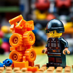 pile of orange pieces and 4 wheels stacked at the left, confused minifigure at the right