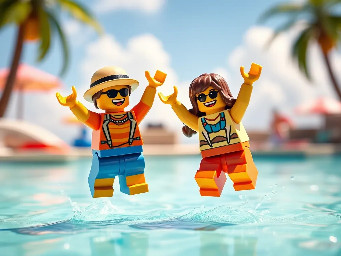 picture of summer hollidays with 2 minifigs jumping with joy. picture size 2:1