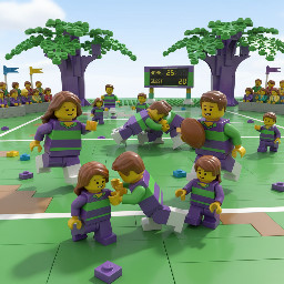Rugby men, women, and kids having fun with kit colours dark purple and green