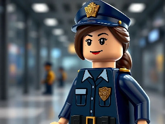 Hyper-realistic photograph of a female LEGO-style police officer minifigure, detailed and professional design. She is wearing an official uniform in hexadecimal color #232439 (very dark navy blue), with a gold badge, tactical belt with accessories, officer cap, and a serious yet friendly facial expression. The figure has the characteristic glossy plastic LEGO texture, visible joints, and classic minifigure proportions. Studio lighting, softly blurred modern police station background, high resolution, sharp focus, soft shadows, ultra-detailed 3D render, cinematic quality.