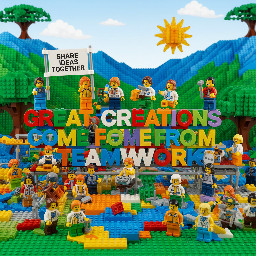 Create a lego image with the concept “Great Creations Come From Teamworke” basically focusing on collectivism (i.e. an group of people together Lego block togethere) with motivation “Share Idead Togetehr”