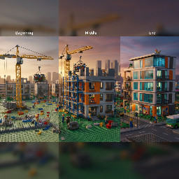 LEGO style construction timeline, three stages in one scene or sequence. Beginning: empty land with LEGO workers starting construction, laying foundation, bricks scattered, tools, cranes assembling, cinematic wide shot, soft morning light. Middle: half-built apartment, visible structure, scaffolding, workers actively building, cranes lifting LEGO bricks, dynamic motion, golden hour lighting, detailed textures. End: fully finished modern LEGO apartment building, clean architecture, windows reflecting light, people around, cars passing, vibrant city environment, sunset or night lighting with glowing windows. Highly detailed, cinematic lighting, dramatic colors, depth of field, 3D render, ultra realistic LEGO textures, storytelling composition, smooth transitions between stages, professional animation look, 4K, Unreal Engine style."
