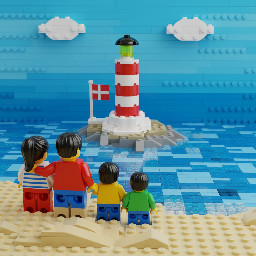 Meer , Strand,  leuchtturm,  Dänemarkflagge, Vater, Mutter, 2 Kinder,  alle dunkelhaarig und von hinten zu sehen