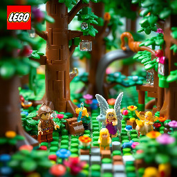 Lego-style fantasy forest with elves, fairies, and magical creatures.
