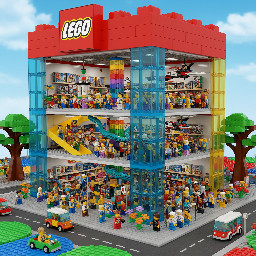 vibrant, colorful LEGO dream store shaped like a giant red brick, transparent glass windows, a big LEGO logo on top, and mini-figures walking inside, 3D render style".