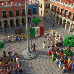 Documentary-style video sequence. Aerial drone shot descending slowly over the Zócalo of Tlaxcala, Mexico. At the center, a LEGO-style character (yellow skin, long dark hair, maroon suit with white shirt) carries the Mexican flag with dignity. The drone lowers until it meets the character walking calmly toward the flagpole. On both sides, local citizens respectfully salute the Mexican flag, while a military band plays drums and bugles in steady rhythm. The main character completes the walk and positions himself at the flagpole to raise the flag. Camera transitions include subtle speed ramps for natural pacing. Lighting remains warm and natural, highlighting the authentic atmosphere of civic pride and community participation.