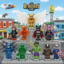 A superhero team call the attackers as a cmf and show all figures the team consists of angel their hawk girl inferno their version of dcs fire flying fox their female Batman song bird their black canary archer their female Green arrow who wears purple and black shrink their female atom techno their male blue beetle ironman hybrid WILL their green lantern ultimate man the hero with every power gamma their hulk thunder their Thor badger their wolverine and the soldier their captain America