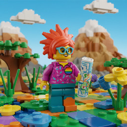 The image has a cartoonish and Lego aesthetic with a bright and colourful Lego female trans character wearing an LGBTQ+ badge and wearing glasses who had vivid red neon hair smiling holding a map and looking thoughtfully up and to the right