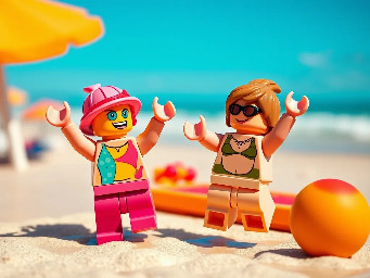 picture of summer hollidays with 2 beach minifigs jumping with joy. picture size 1028x514