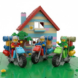 3 guys on motorbikes with backpacks and huge amount of luggage attached to the bikes. Meeting in front of a house