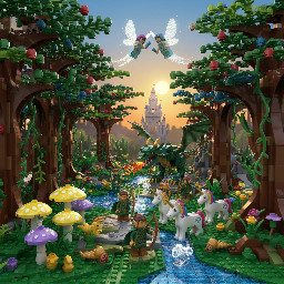 Lego-style fantasy forest with elves, fairies, and magical creatures.