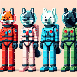 The four astronauts: the fox with the red spacesuit and the red space helmet where you can see his tail, the white fox with the pink spacesuit and the pink space helmet where you can see his tail, the wolf with the blue spacesuit and the blue space helmet where you can see his tail and the black wolf with the green spacesuit and the green space helmet where you can see his tail