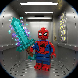 A LEGO Spider-Man minifigure holding an enchanted minecraft sword in a realistic elevator, Fisheye lens perspective, extreme close-up, 3D render, realistic glossy plastic texture
