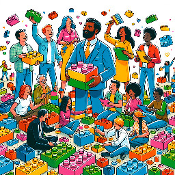 Create a lego image with the concept “Great Creations Come From Teamworke” basically focusing on collectivism (i.e. an group of people together Lego block togethere) with motivation “Share Idead Togetehr”