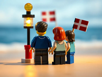 Meer , Strand,  leuchtturm,  Dänemarkflagge, Vater, Mutter, 2 Kinder,  alle dunkelhaarig und von hinten zu sehen