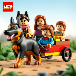 German shepherd pulling mom with two kids in wagon