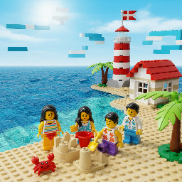 Urlaubsszene, Meer , Strand, Haus, Leuchtturm,  Dänemarkflagge, familie mit mutter, vater, sohn und tochter, alle sind dunkelhaarig