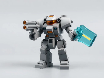 Genera un mecha básico gris con lanzadores en los hombros y en las manos un gatling y en la otra una espada de fuerza transparente mecha tipo Warhammer