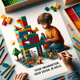 Create a lego image with the concept “Your imagination. your design. Your role” basically focusing on individualism (i.e. an individual standing and building with Lego block alone) with motivation “Your Lego”