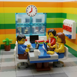 Simple Lego build depicting a bespectacled Asian boy facing two Asian ladies in an office meeting room.