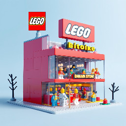 vibrant, colorful LEGO dream store shaped like a giant red brick, transparent glass windows, a big LEGO logo on top, and mini-figures walking inside, 3D render style".