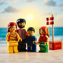 urlaubsszene, Meer , Strand,  leuchtturm,  Dänemarkflagge, familie Vater, Mutter, 2 Kinder (Junge & Mädchen)  alle dunkelhaarig