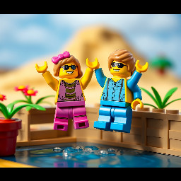 picture of summer hollidays with 2 minifigs jumping with joy. picture size 2:1