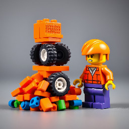 pile of orange pieces and 4 wheels stacked, confused minifigure at the right