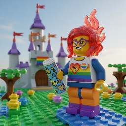 The image has a cartoonish and Lego aesthetic with a bright and colourful Lego female trans character wearing an LGBTQ+ badge and wearing glasses who had vivid red neon hair smiling holding a map and looking thoughtfully up and to the right