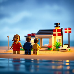 Urlaubsszene, Meer , Strand, Haus, Leuchtturm,  Dänemarkflagge, familie mit mutter, vater, sohn und tochter, alle sind dunkelhaarig und nur von hinten zu sehen