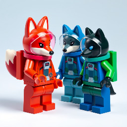 The four astronauts: the fox with the red spacesuit and the red space helmet where you can see his tail, the white fox with the pink spacesuit and the pink space helmet where you can see his tail, the wolf with the blue spacesuit and the blue space helmet where you can see his tail and the black wolf with the green spacesuit and the green space helmet where you can see his tail