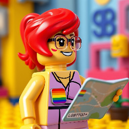 The image has a cartoonish and Lego aesthetic with a bright and colourful Lego female trans character wearing an LGBTQ+ badge and wearing glasses and wearing a dress who has vivid red neon hair smiling holding a map and looking thoughtfully up and to the left