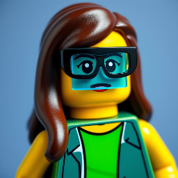hazme una profesora de lego joven, con coleta, gafas negras y un babi azul de cuadros, que se le vea de cierto entero y mirando hacia delante