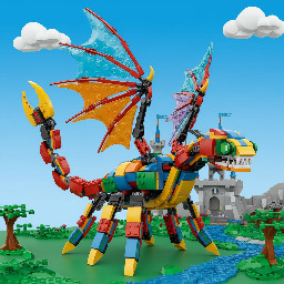 A Lego dragon with 8 legs 2 wing sets and and a scorpion tail
