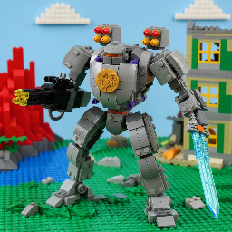 Genera un mecha básico gris con lanzadores en los hombros y en las manos un gatling y en la otra una espada de fuerza transparente mecha tipo Warhammer